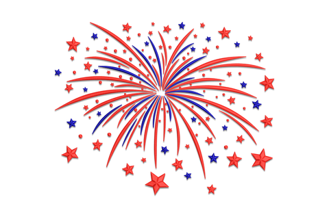 Patriotic fireworks burst embroidery design with red radial spokes and white star tips exploding from centre point, 2 colours.