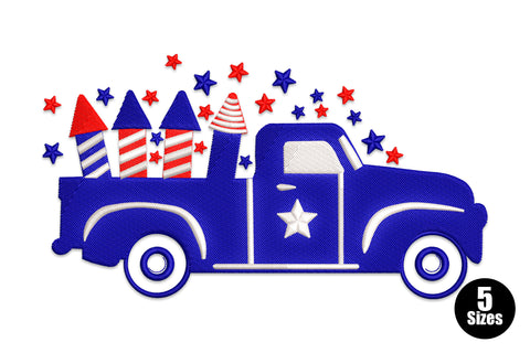 Patriotic fireworks truck embroidery, navy vintage pickup loaded with red firework trees and white stars, 3 colours July 4th