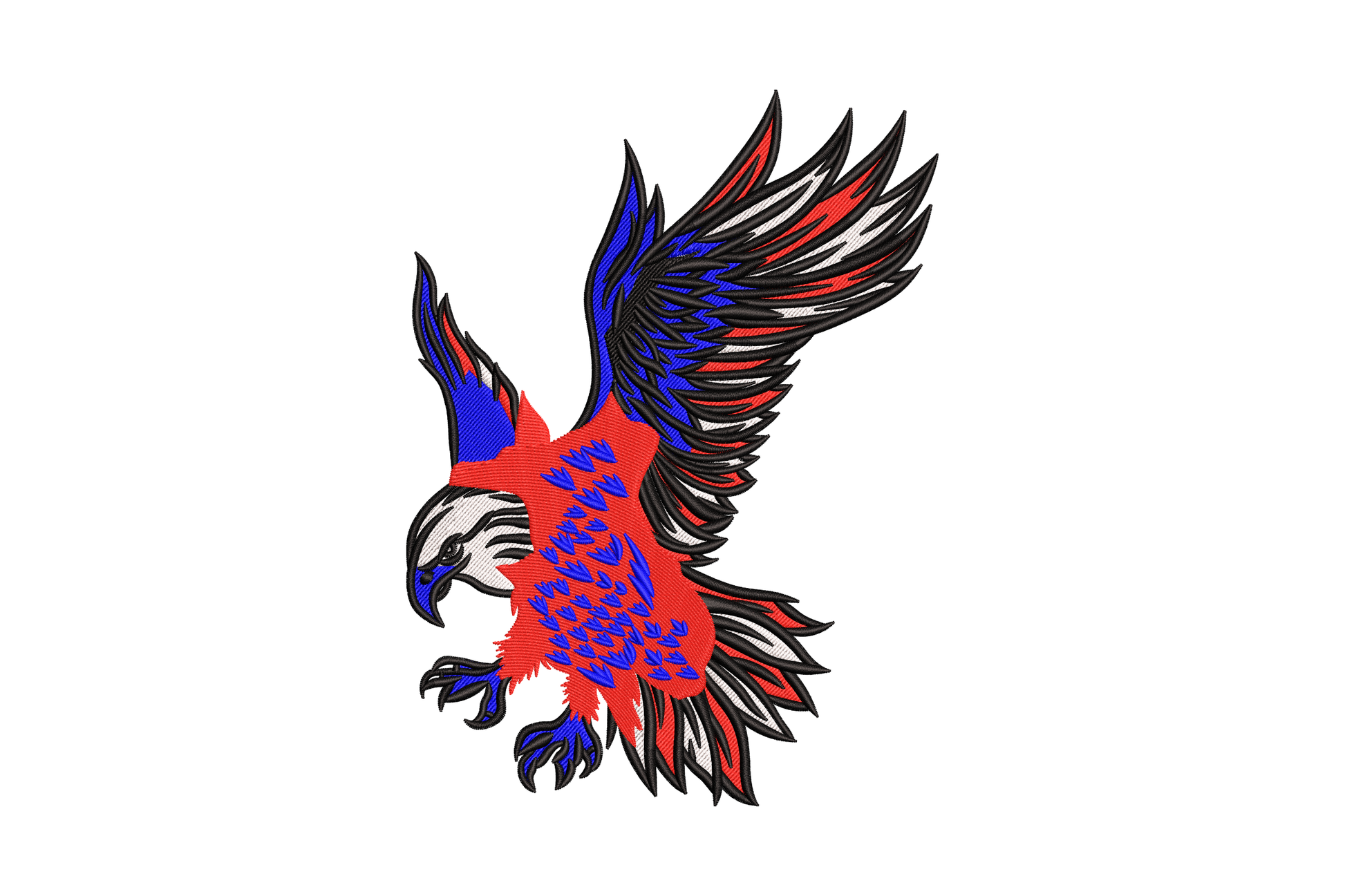 Embroidery design of a bald eagle in flight with red white and blue patriotic flag colouring and detailed feather satin stitching, independence day bird design