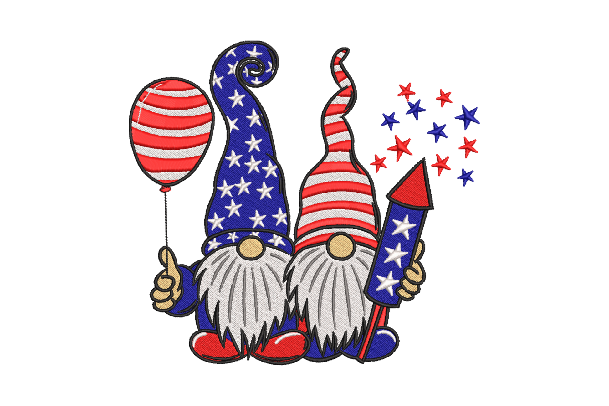 Patriotic gnome couple embroidery design with stars, balloon and fireworks rocket in red, white and blue
