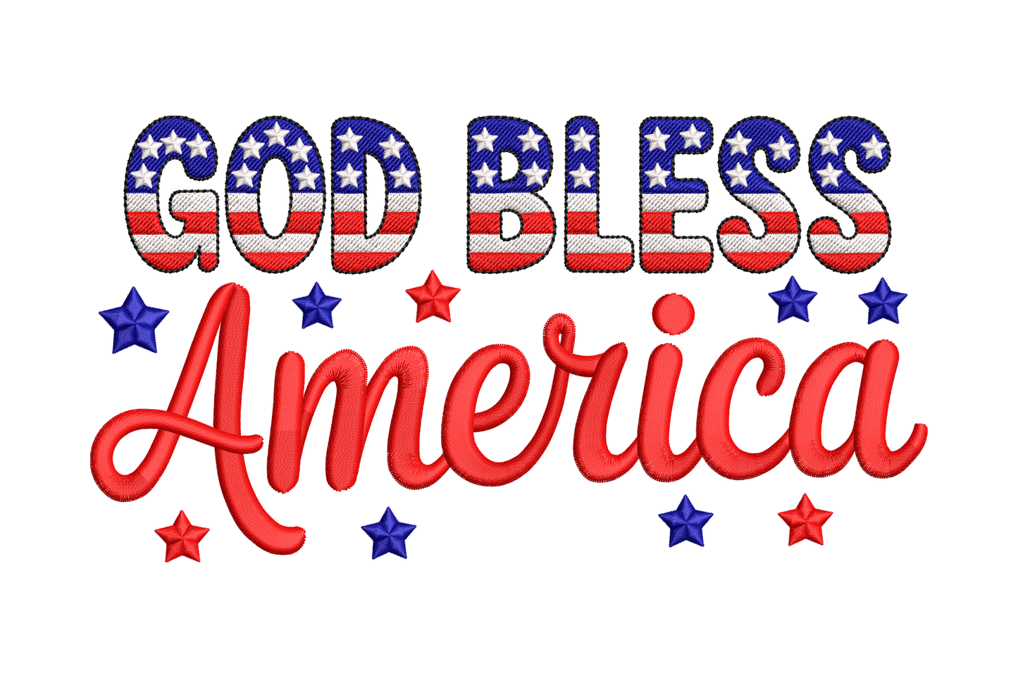 Text 'GOD BLESS AMERICA' with stars in American flag colors embroidery design