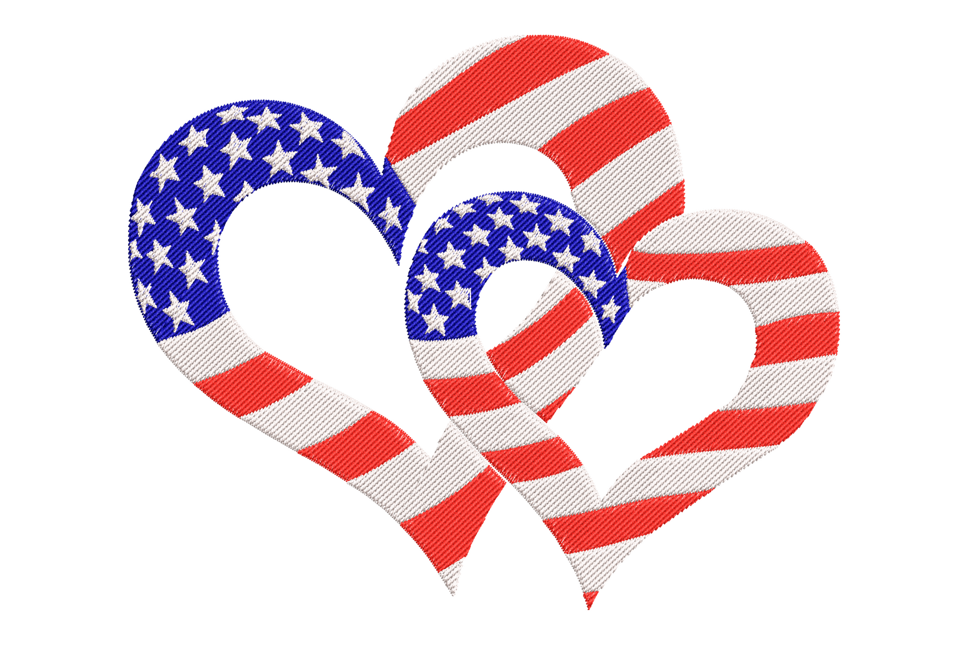 Patriotic heart embroidery design with two interlocking American flag hearts, navy star field and red white diagonal stripe fills.