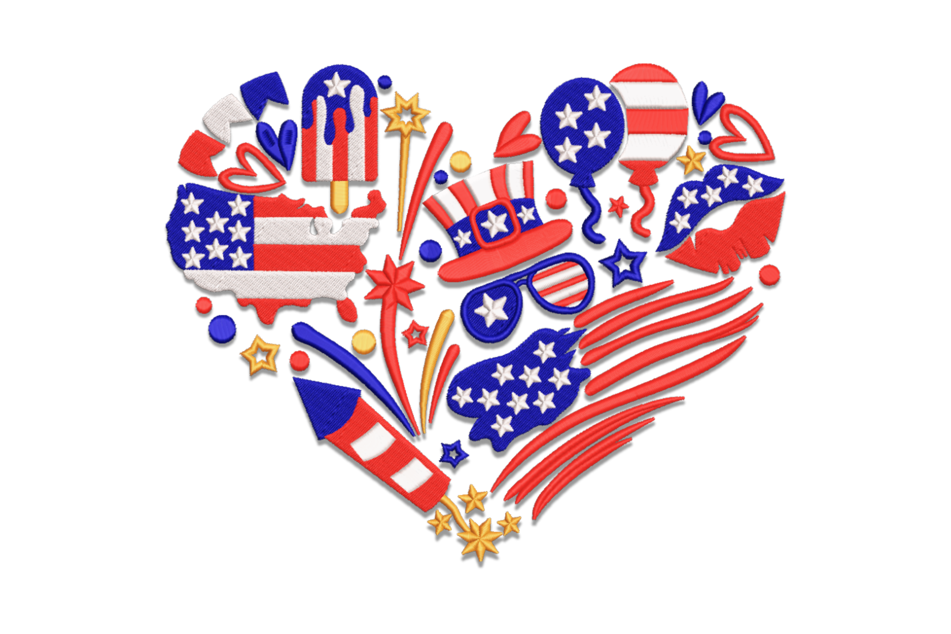 Patriotic heart filled with American flag stripes and star canton, fireworks bursting from top, 4 colours, 6 sizes for 4th of July shirts hoodies and patriotic gifts
