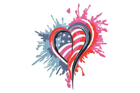 Patriotic heart splash embroidery design with American flag heart, bold black swoosh and blue and pink paint-splash burst wings.