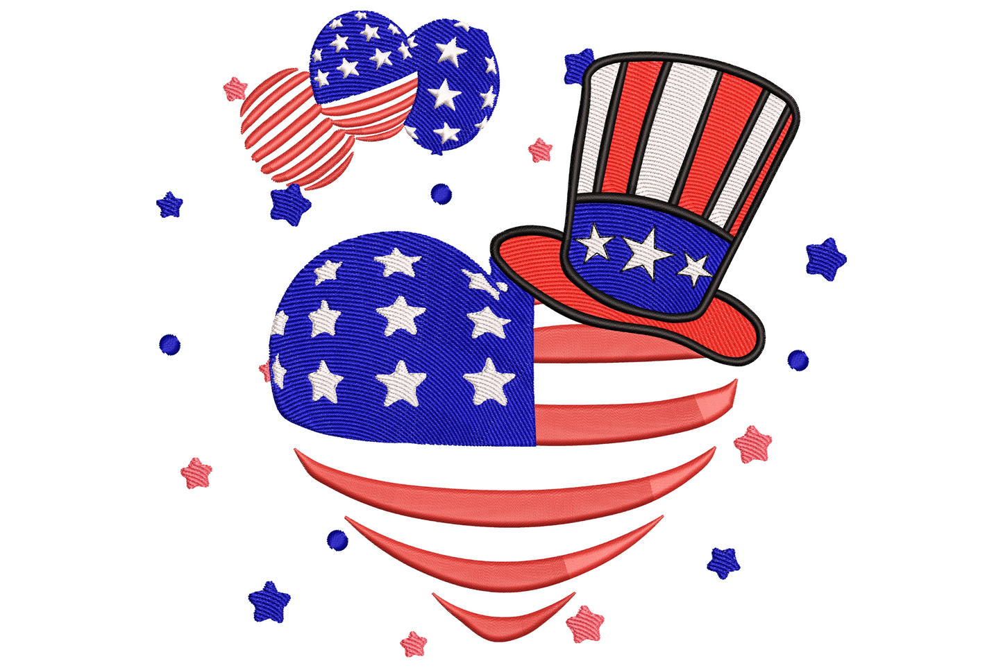 Patriotic heart embroidery with stars and stripes, Uncle Sam hat on top and star balloons, in red, white, navy blue and black.
