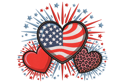 Patriotic fireworks embroidery, three hearts (US flag, red stripe, pink leopard) over a red and blue star burst.