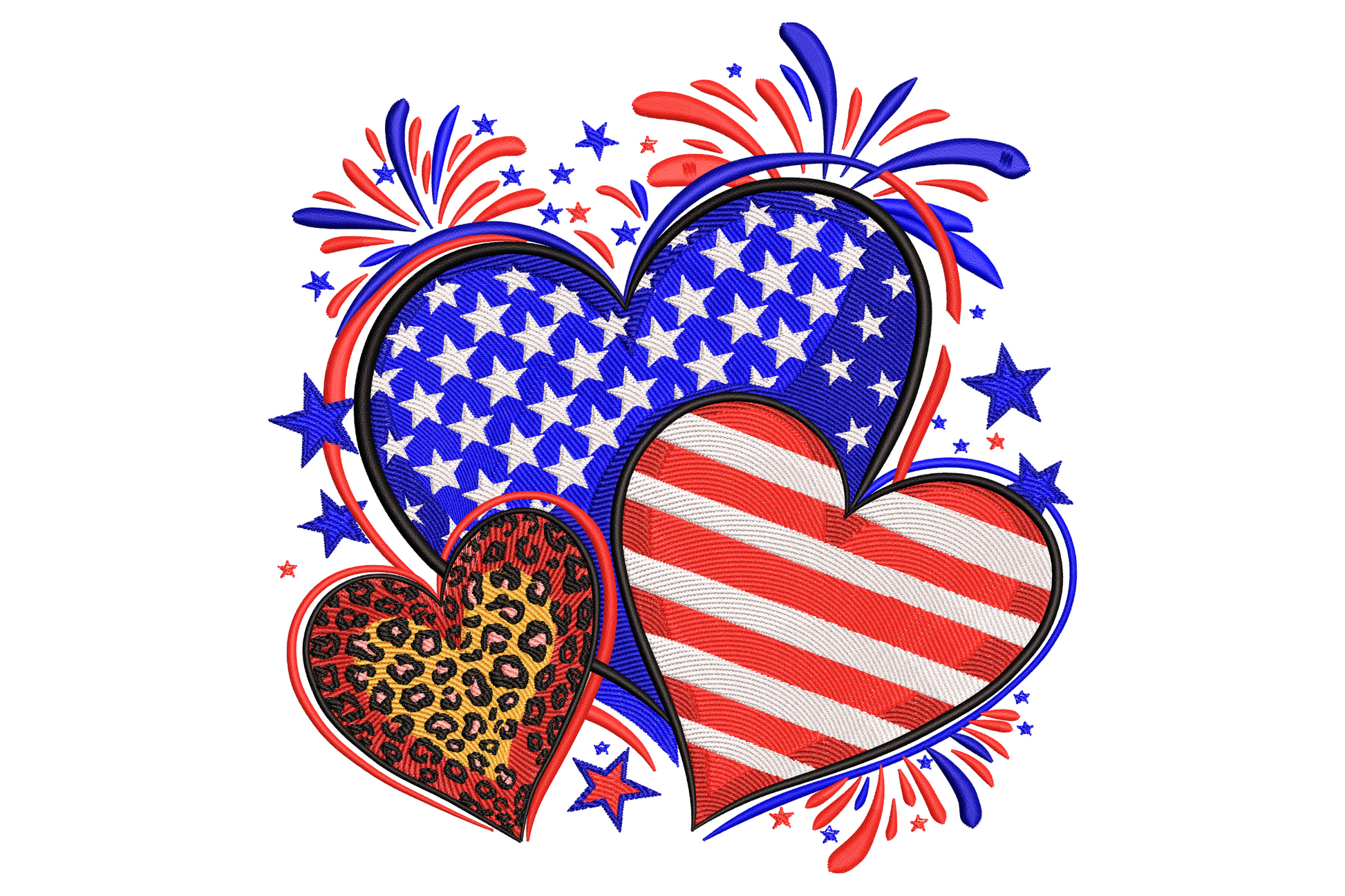 Patriotic embroidery with three stacked hearts in stars, stripes and leopard print framed by red and blue fireworks.