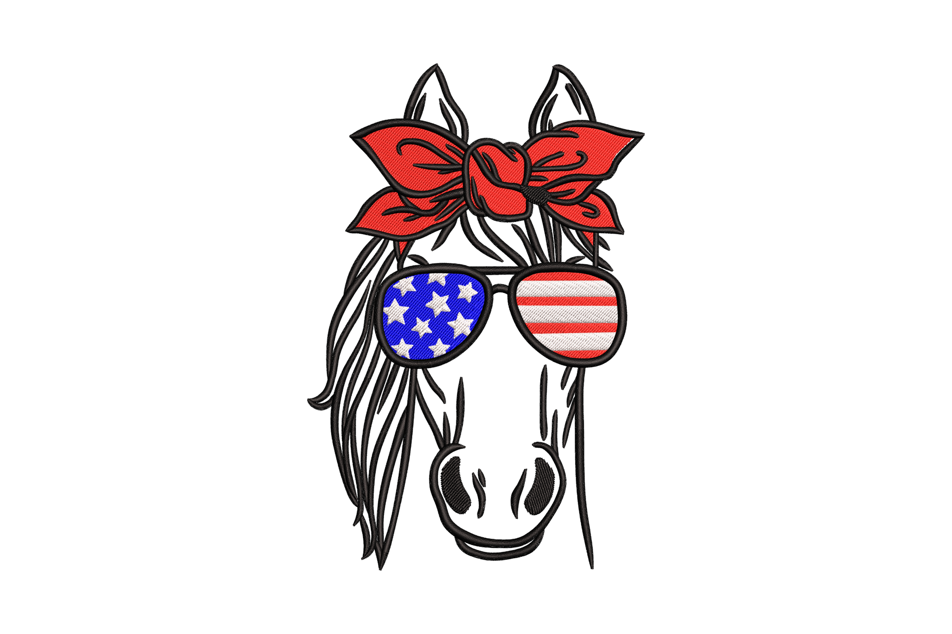 Embroidery design of a horse portrait with flowing mane, red bandana bow and USA flag sunglasses in red white and blue, patriotic equestrian 4th of July design