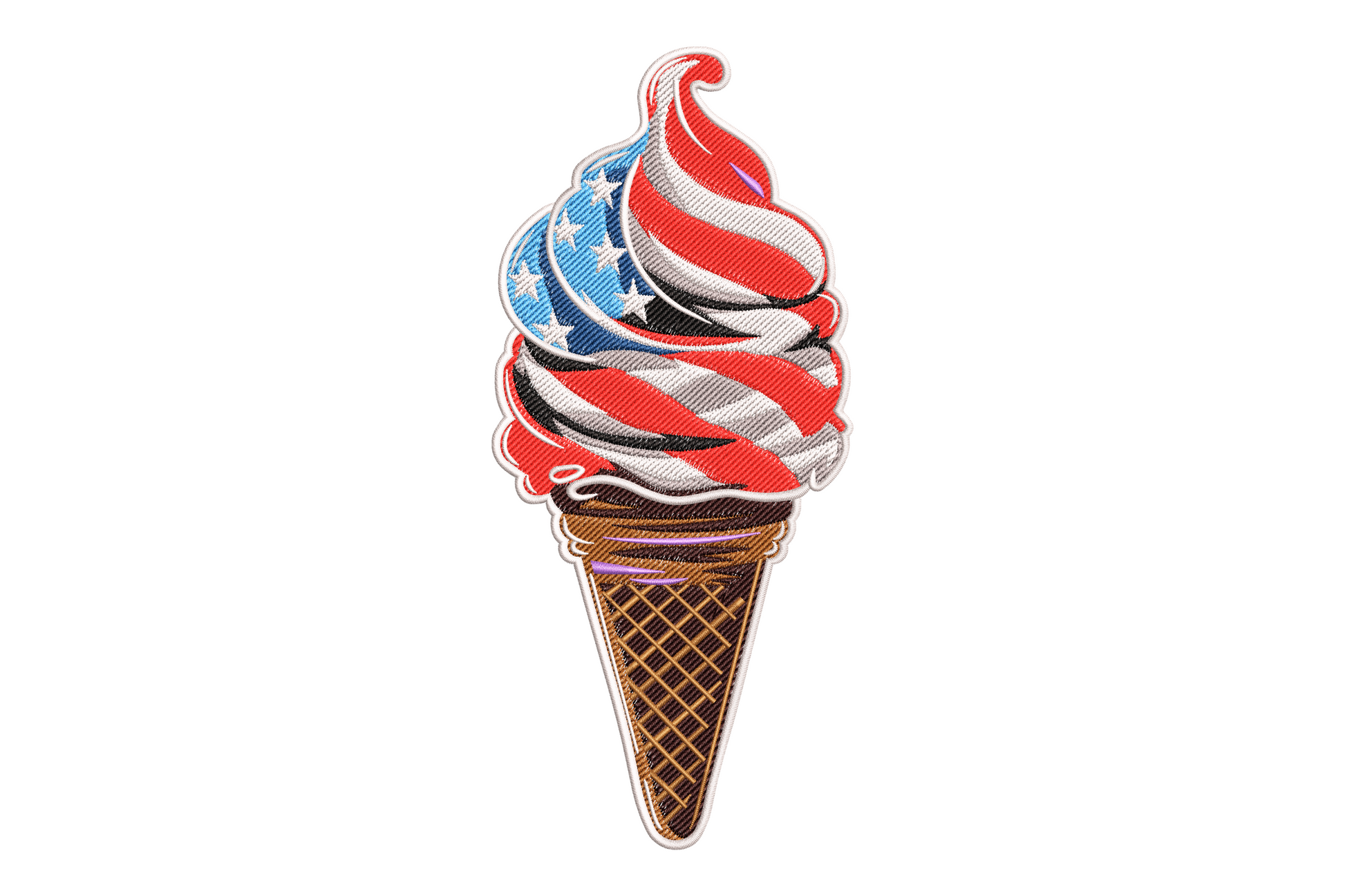 Patriotic ice cream cone embroidery, American flag soft-serve swirl with red white blue stripes, stars, waffle cone.