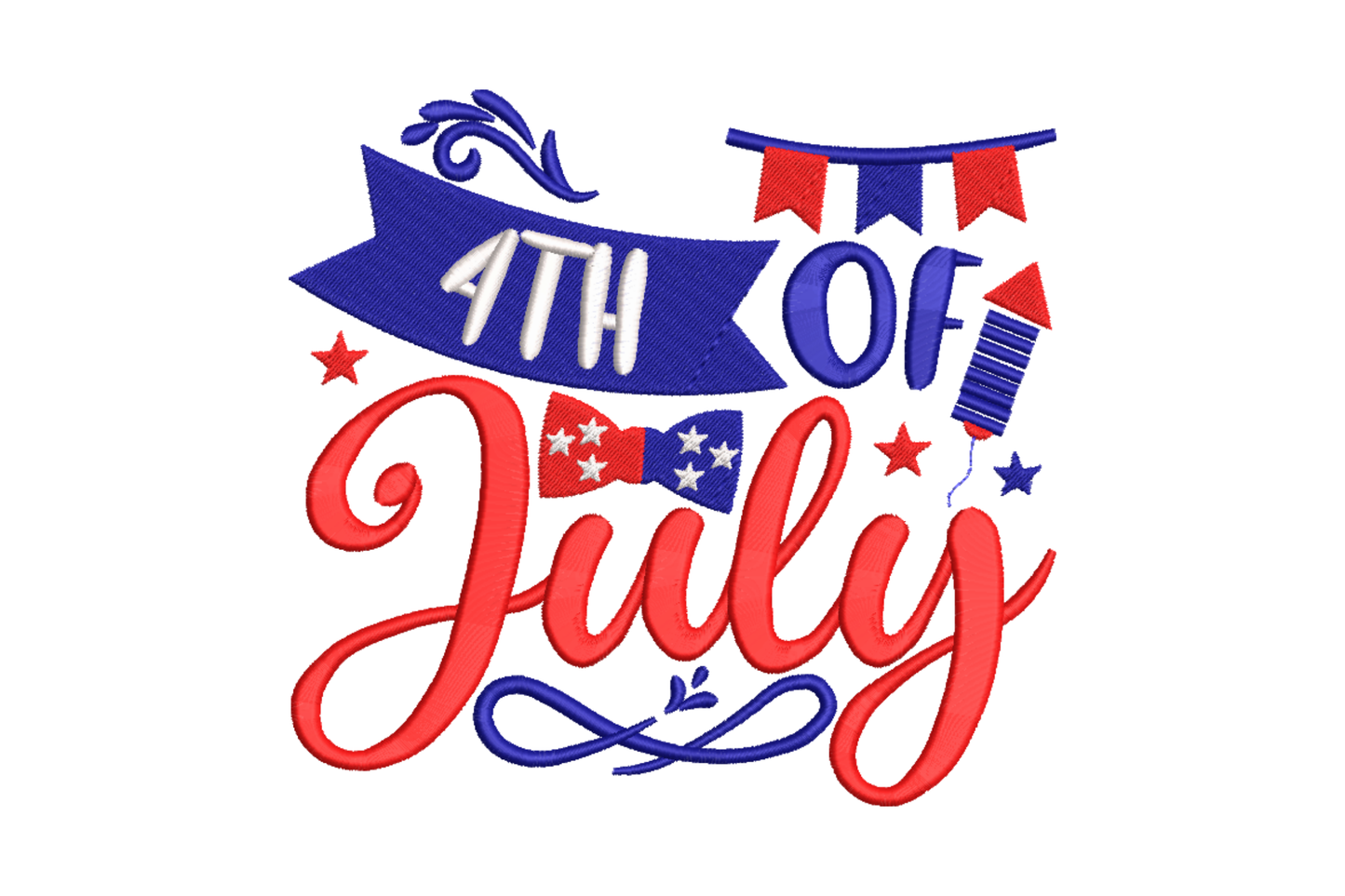 4th of July embroidery with dark navy banner, white block lettering, red cursive July script and scattered patriotic stars.