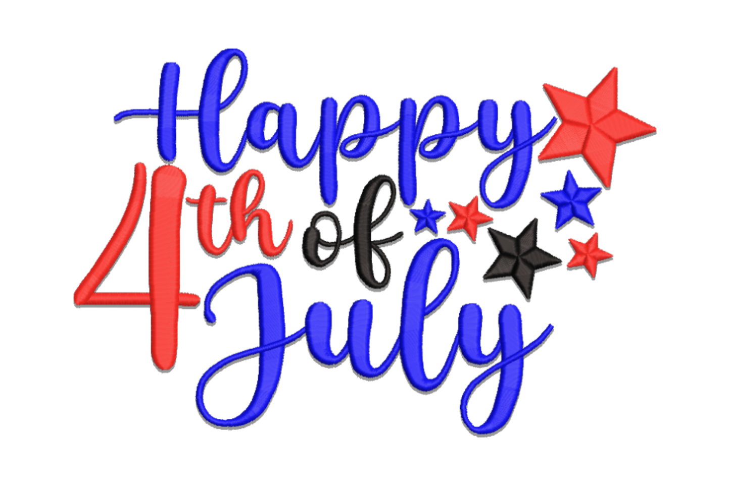 Patriotic independence day embroidery, blue Happy script with red 4th and blue July plus small stars trailing.