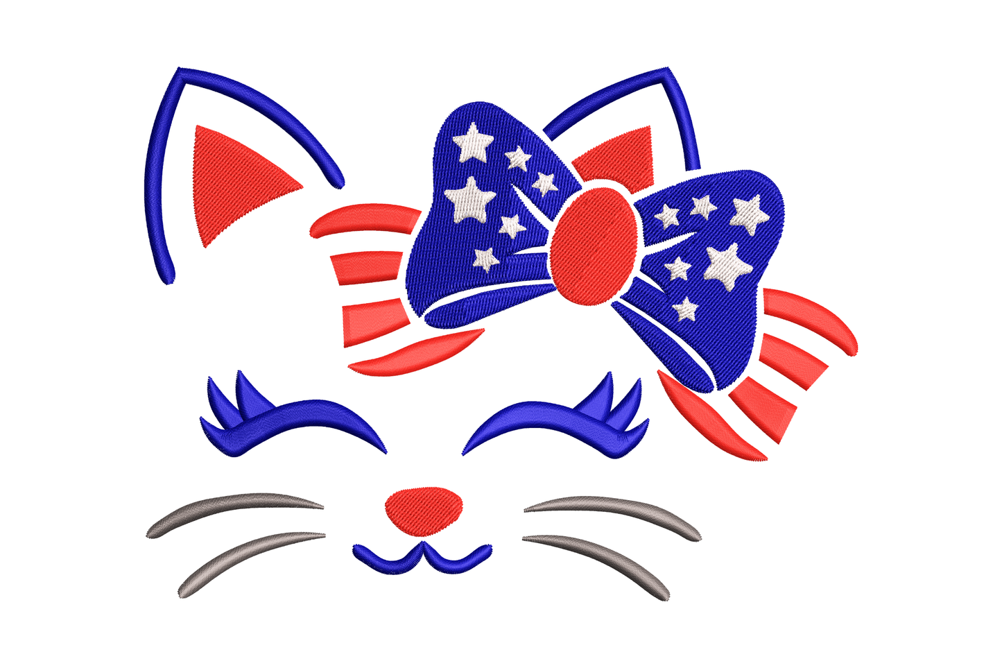 Patriotic cat face embroidery design with oversized flag bow, navy stars and red stripes, grey whiskers, machine embroidery instant download