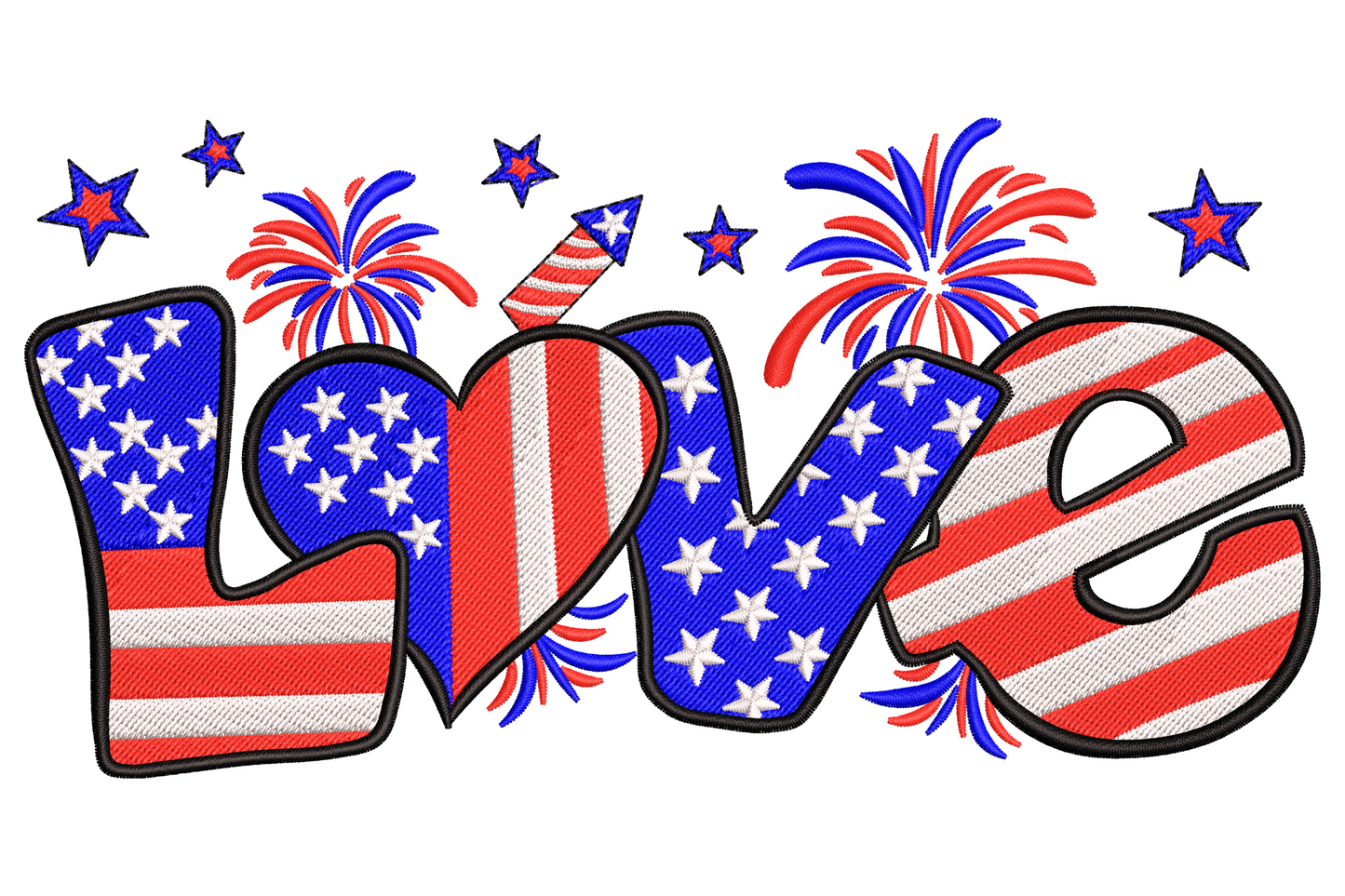 Patriotic LOVE embroidery design with American flag fill inside the letters and red, white and blue fireworks bursts above.