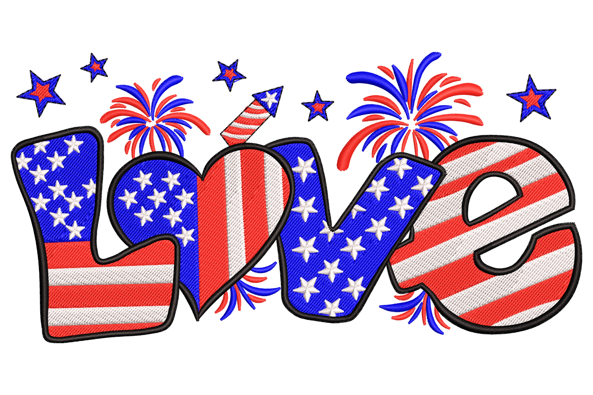 Patriotic LOVE embroidery design with American flag fill inside the letters and red, white and blue fireworks bursts above.