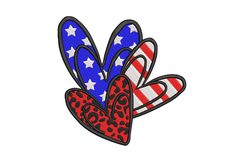 Patriotic layered hearts with navy blue stars, red and white stripes and leopard print in thick black outline