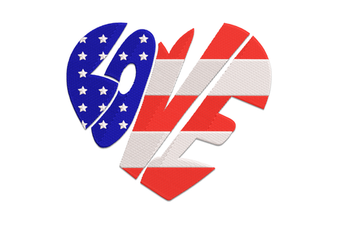 Patriotic Love Heart embroidery, flag-filled heart with blue star canton and LOVE text in red, blue and white