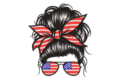 Patriotic messy bun girl embroidery with American flag bandana and aviator sunglasses in red white and blue.