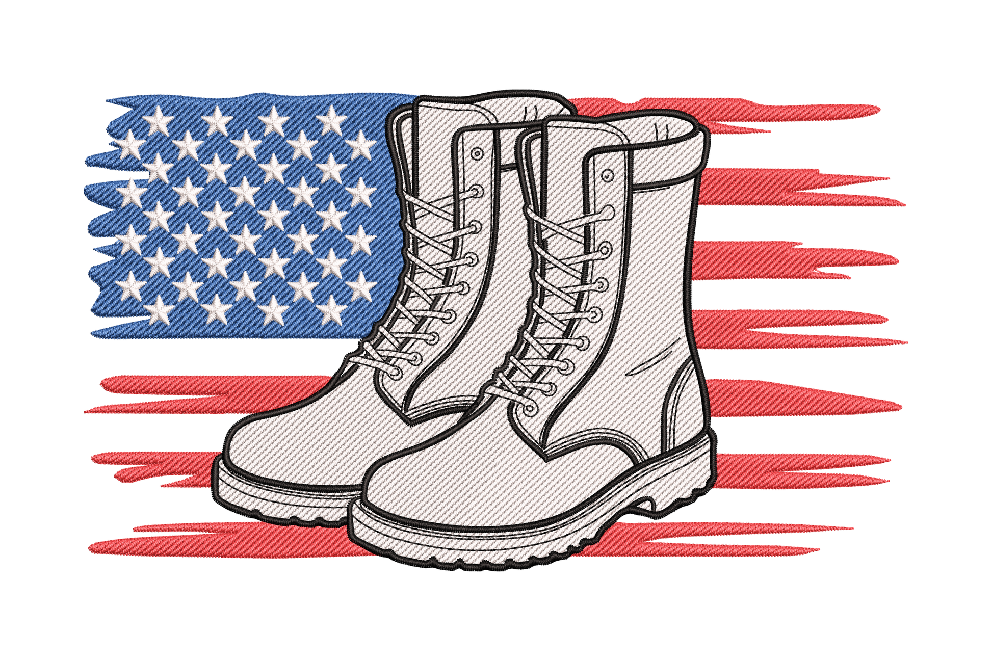 Pair of white boots with American flag in the background