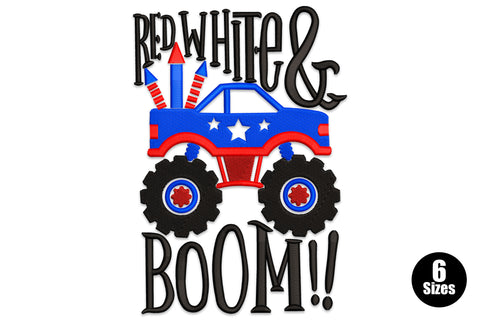 Patriotic monster truck embroidery with fireworks rockets, red white blue stars panels and Red White and BOOM text, 4 colours