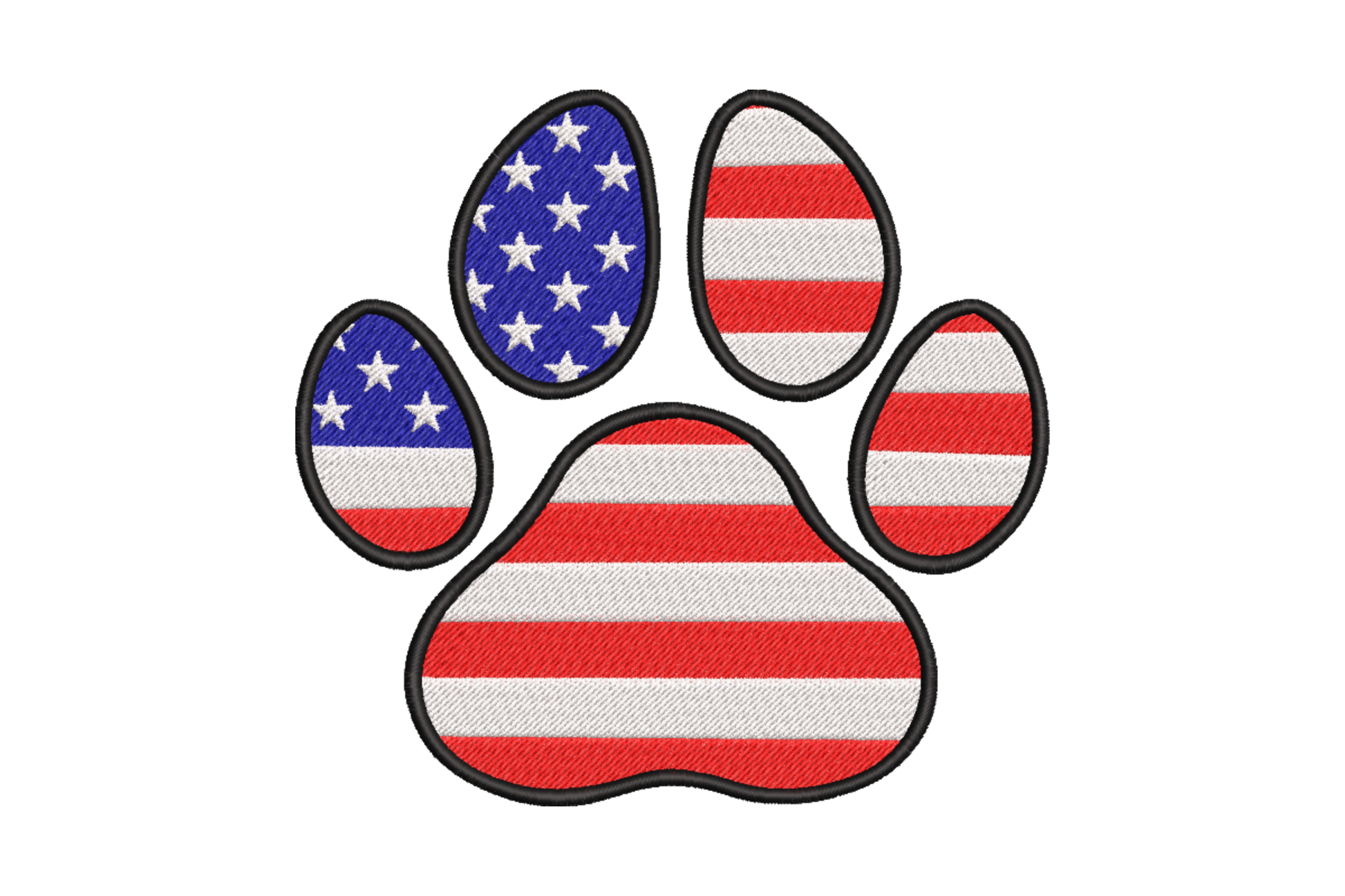 Patriotic paw print embroidery design with navy blue star toe pads and red and white striped pads in black outline