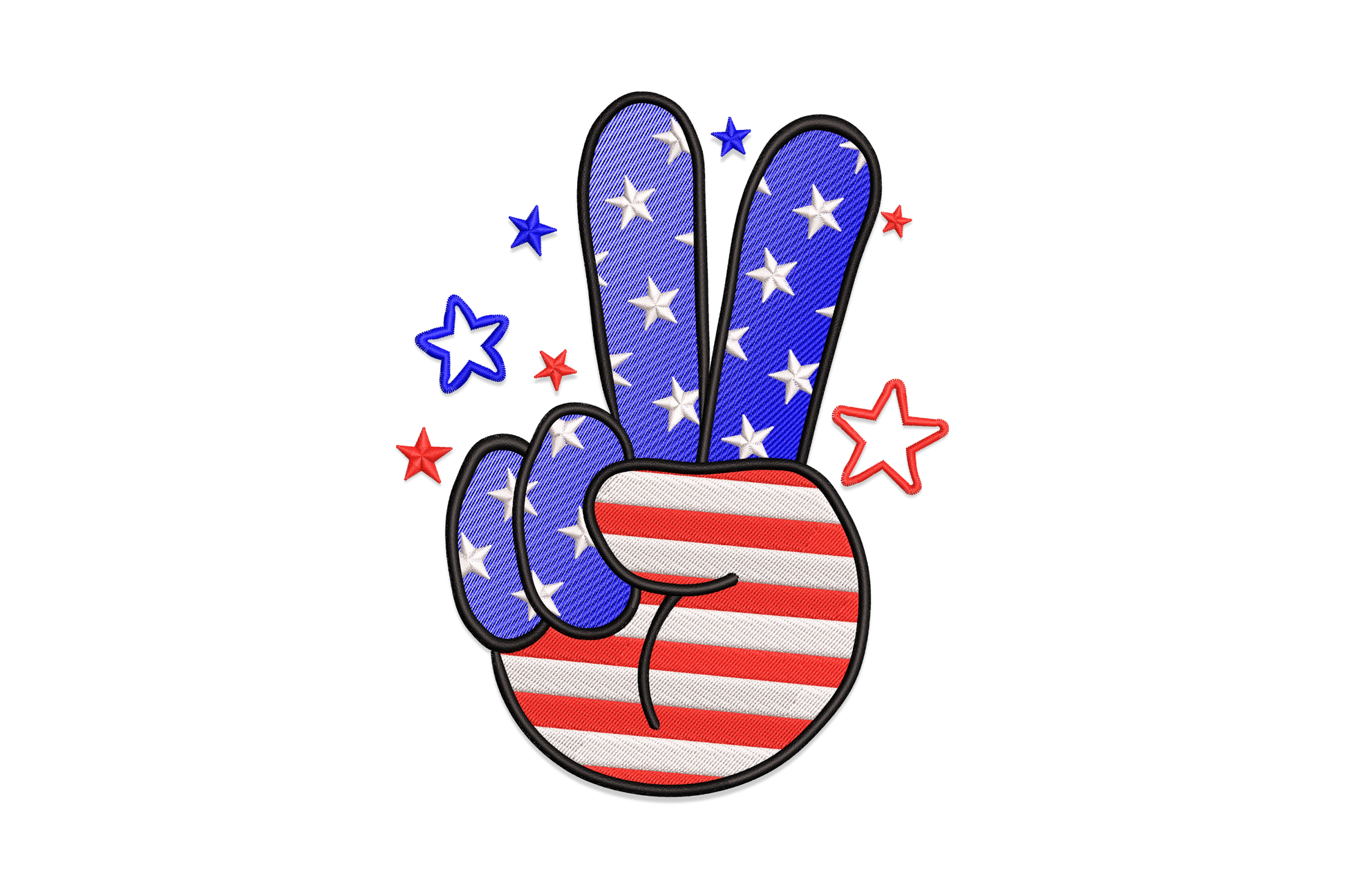 Patriotic peace hand machine embroidery design, raised two-finger peace gesture filled with American flag stripes and stars, 4 colours, 5 sizes from 3.01 to 7.01 inches