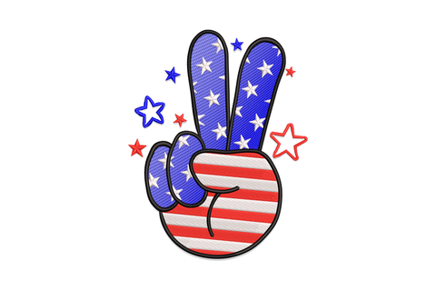 Patriotic peace hand machine embroidery design, raised two-finger peace gesture filled with American flag stripes and stars, 4 colours, 5 sizes from 3.01 to 7.01 inches