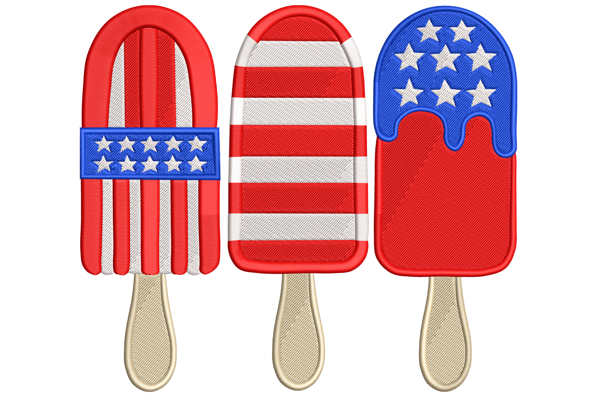 Three patriotic popsicle embroidery designs in red, white and blue with stars and stripes and tan wooden sticks.