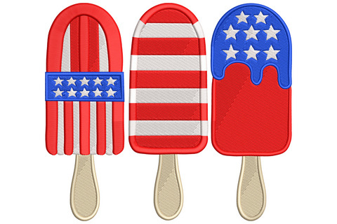 Three patriotic popsicle embroidery designs in red, white and blue with stars and stripes and tan wooden sticks.