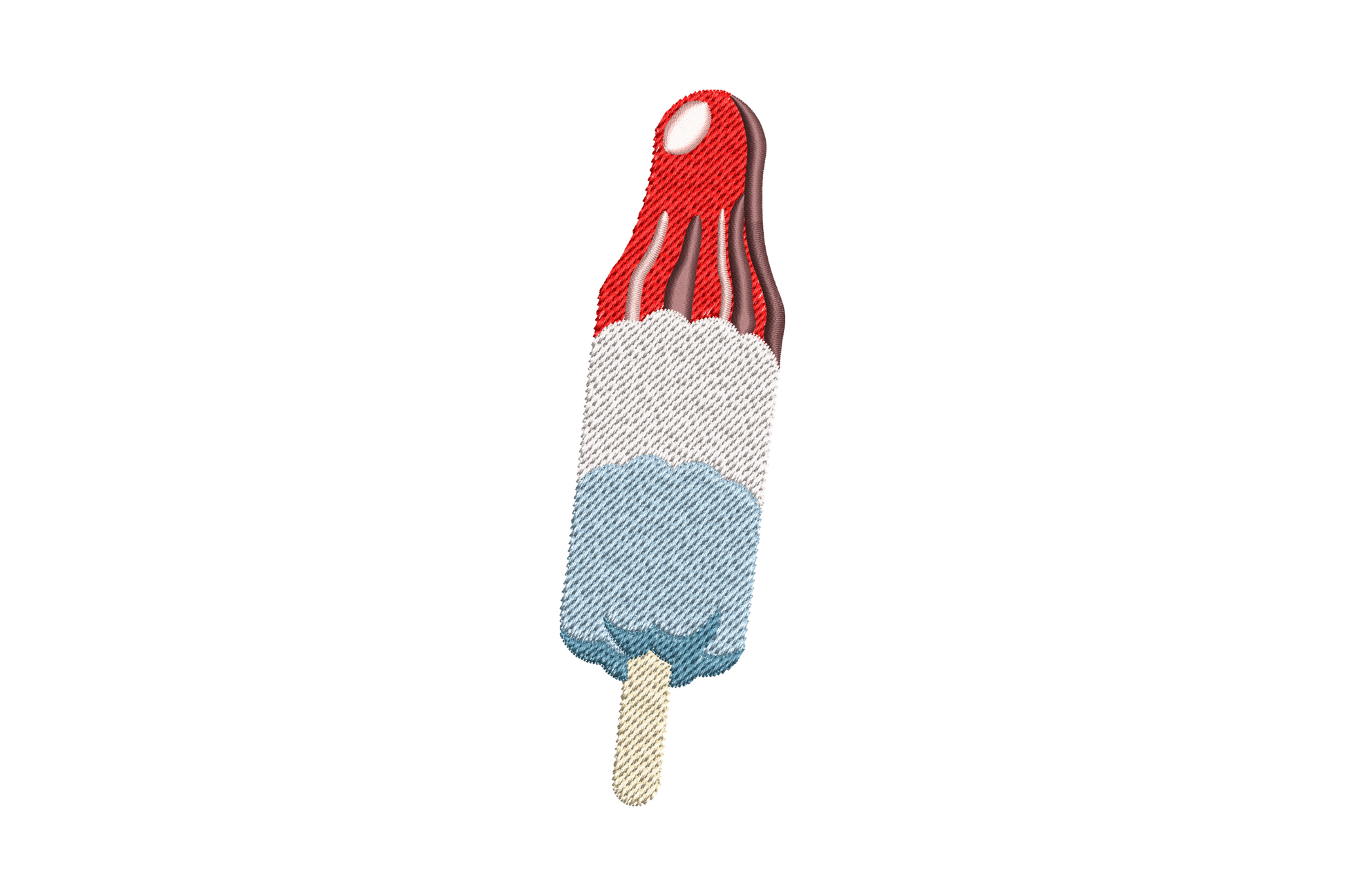 Patriotic bomb pop rocket popsicle in red white and blue with cream stick, classic 4th of july summer treat motif.