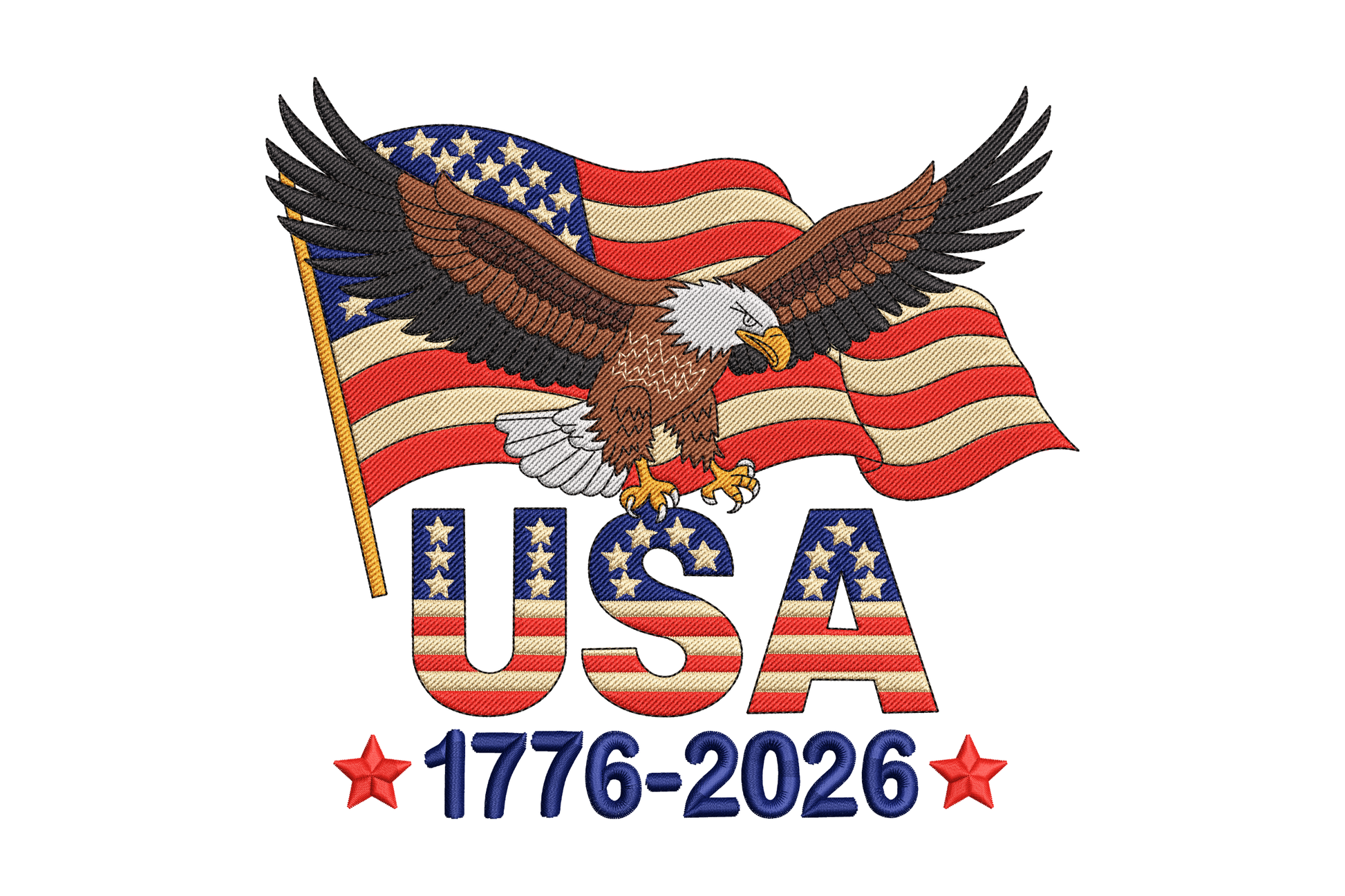 Eagle holding an American flag with 'USA 1776-2026' text embroidery design