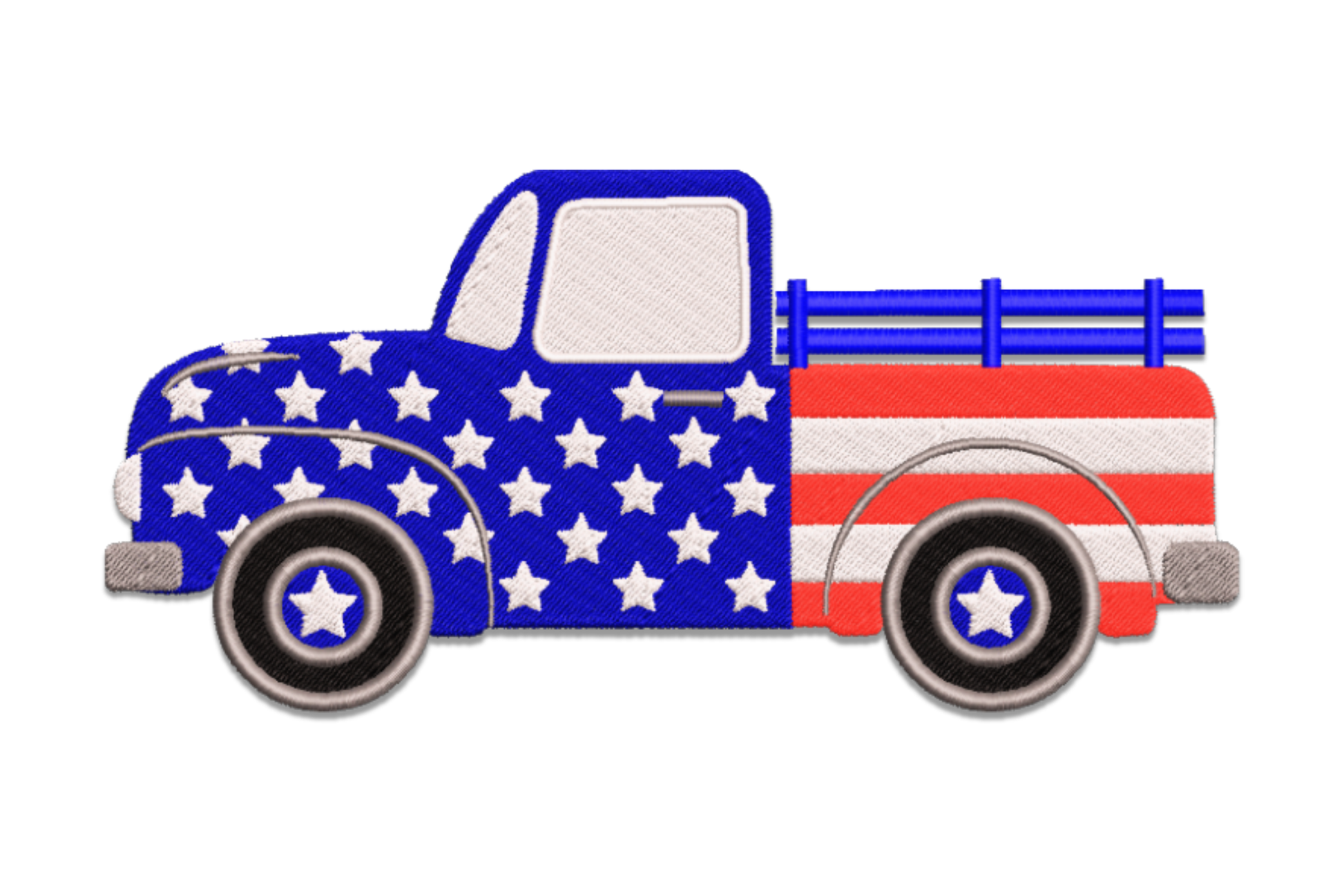 Patriotic USA flag pickup truck embroidery design, old-style truck with navy blue star cab and red stripe truck bed with star hubcaps