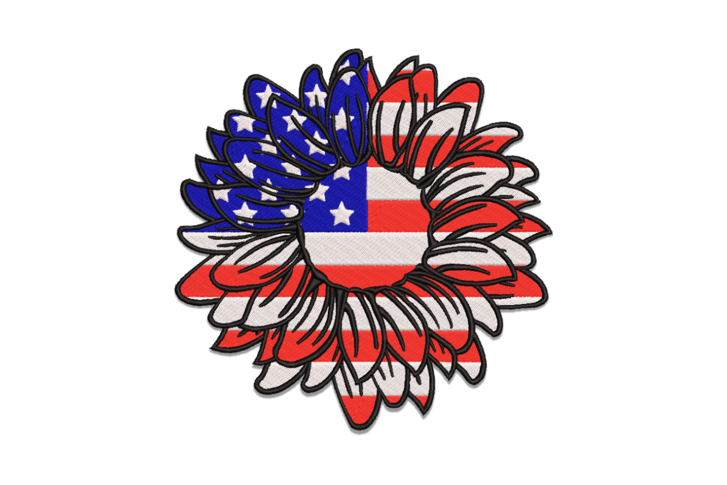 Patriotic USA flower wreath embroidery, sunflowers with navy star petals and red stripe petals in American flag colours