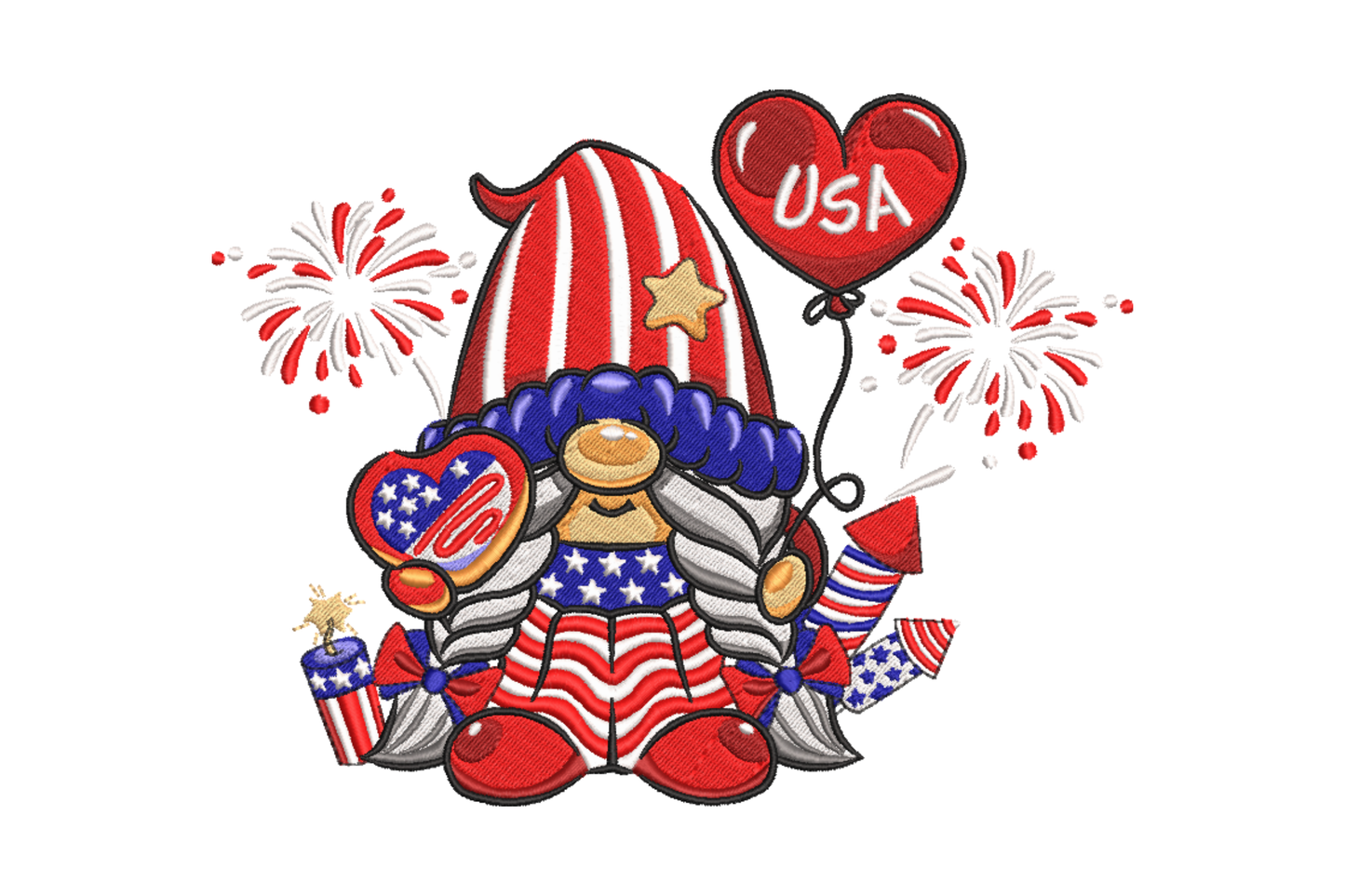 Patriotic USA gnome embroidery design holding a USA heart balloon and fireworks rocket with sparklers in red white and blue