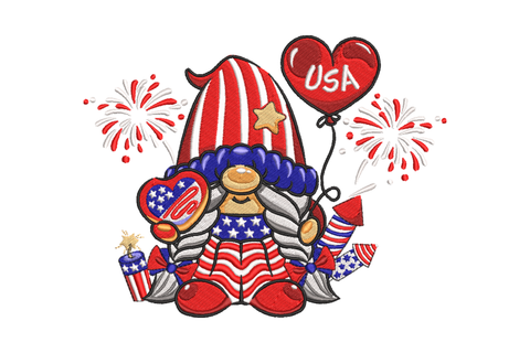 Patriotic USA gnome embroidery design holding a USA heart balloon and fireworks rocket with sparklers in red white and blue