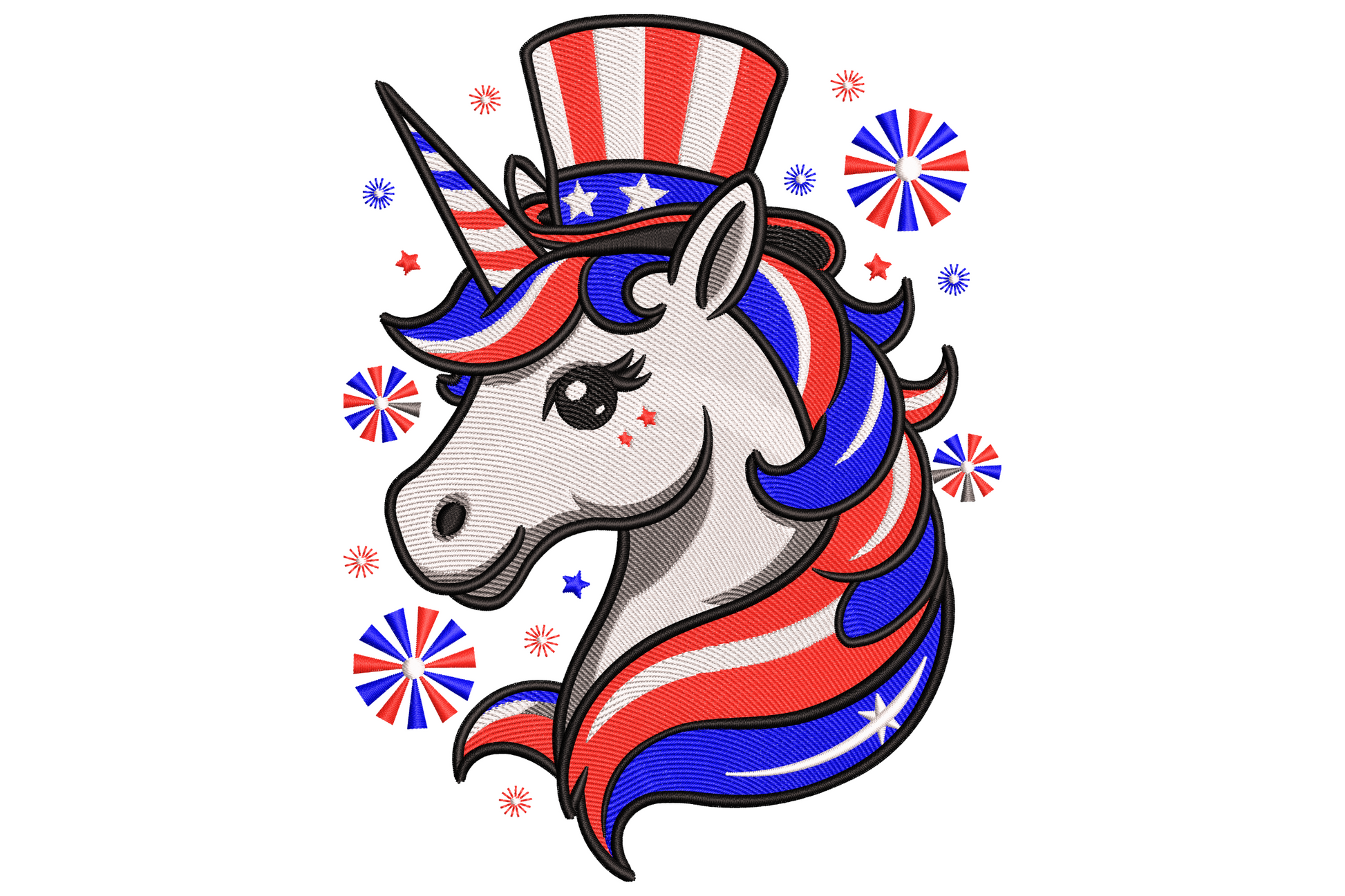 Patriotic unicorn embroidery with white head, Uncle Sam top hat, red white blue mane and fireworks around.