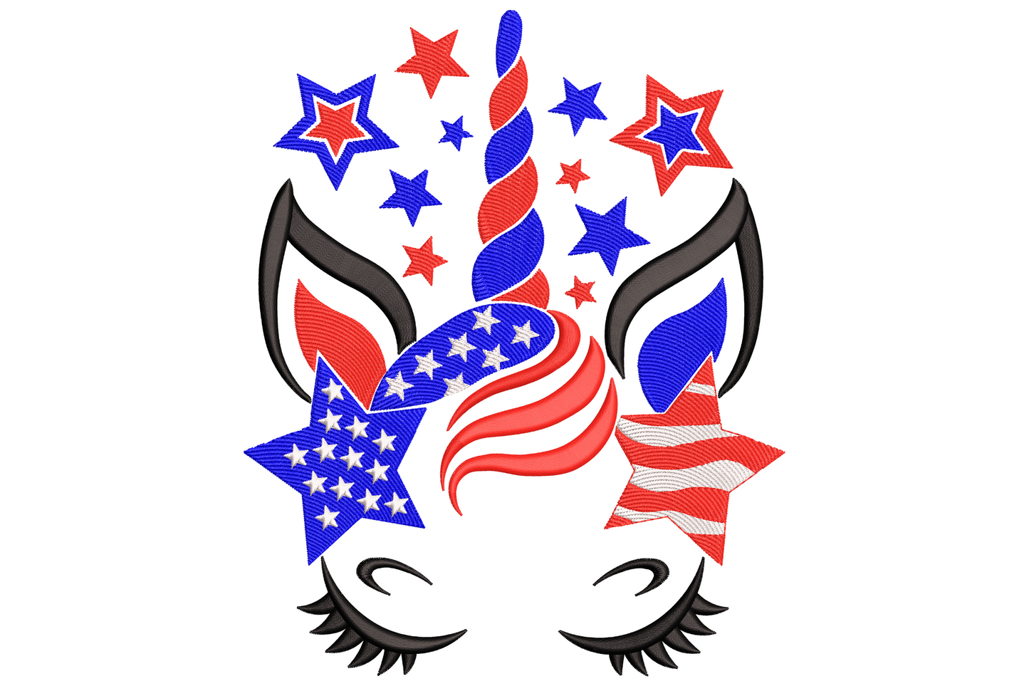Patriotic unicorn embroidery with cream cartoon head, twisted horn, flowing red white and navy striped mane, small star accent in horizontal layout.