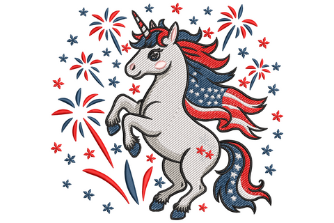 Patriotic unicorn rearing up with cream coat, red and navy flag-striped mane and tail, fireworks bursts and stars around her.