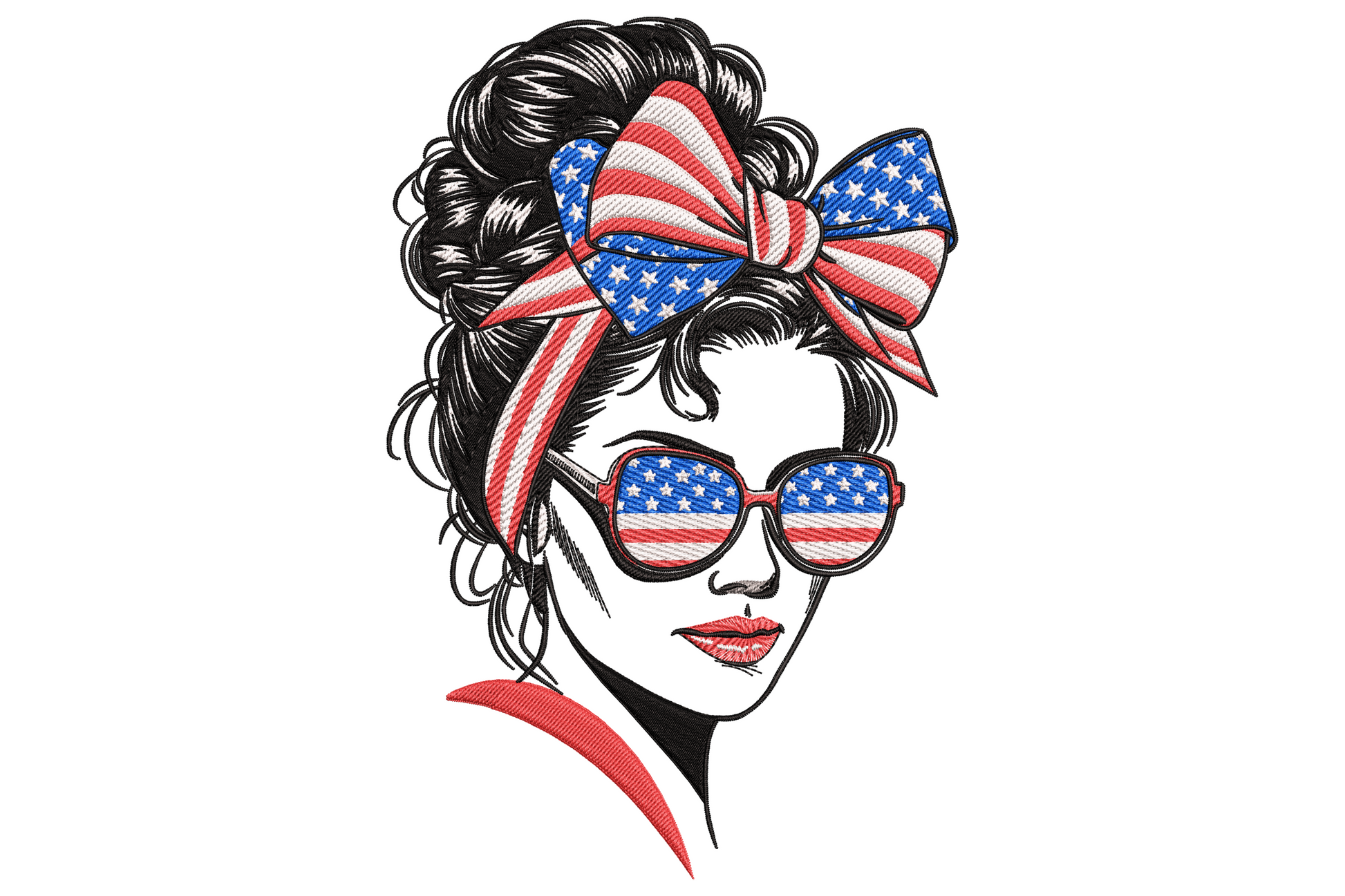 Stylish woman portrait with messy bun, USA flag bow headband, flag aviator sunglasses and red lipstick embroidery