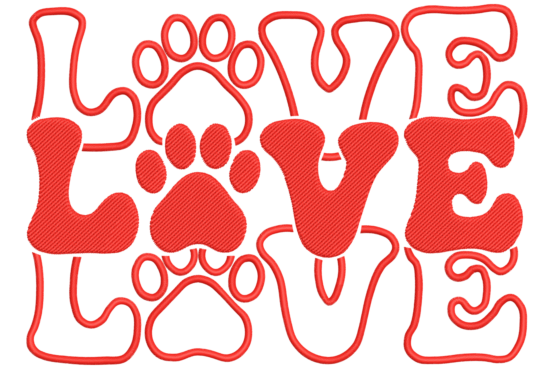 Paw love embroidery design with groovy stacked LOVE lettering and paw prints, single colour red on white fabric.