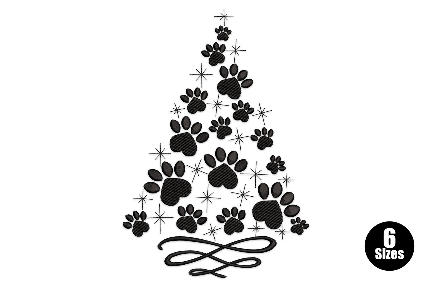 Paw print christmas tree embroidery design, tree shape made from paw prints and stars with script bow, black thread
