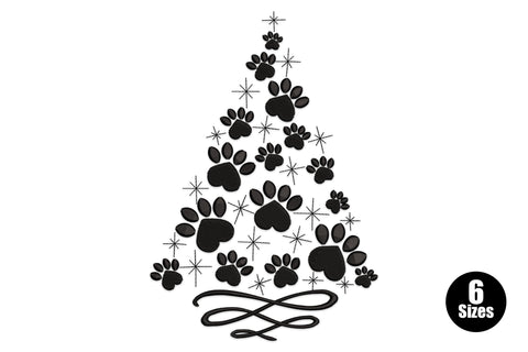 Paw print christmas tree embroidery design, tree shape made from paw prints and stars with script bow, black thread