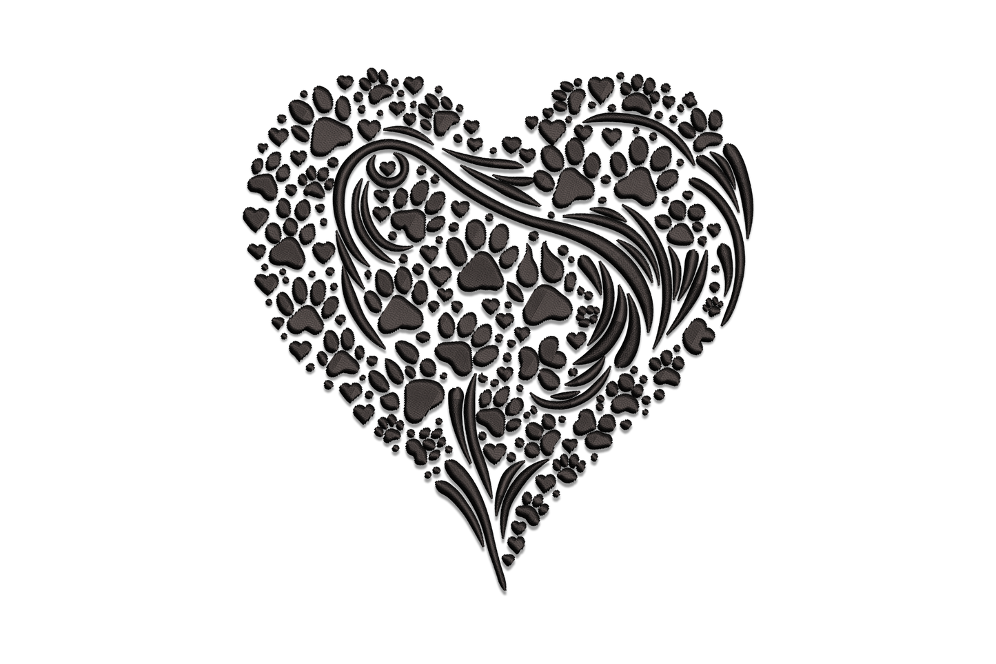 Paw print heart embroidery design showing a solid-fill heart silhouette with negative space revealing a large paw pad and three toe pads, single colour, 4 sizes from 3.5 to 6.5 inches