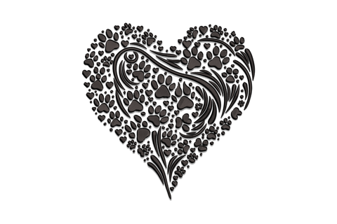 Paw print heart embroidery design showing a solid-fill heart silhouette with negative space revealing a large paw pad and three toe pads, single colour, 4 sizes from 3.5 to 6.5 inches