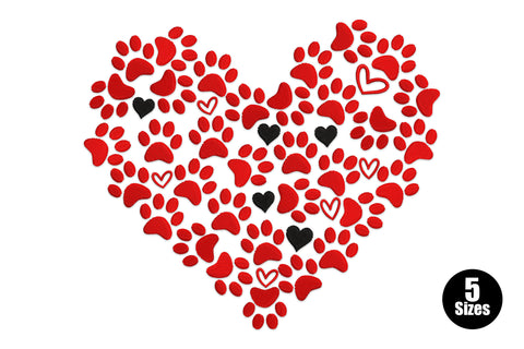 Paw print heart embroidery design, heart filled with red and black paw prints, 2 colours, 15483 to 34602 stitches, 5 sizes