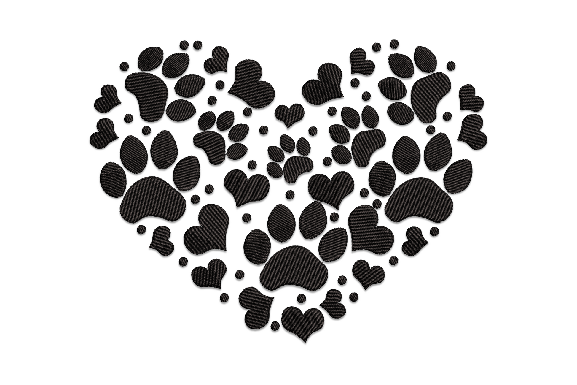Heart shape formed from packed individual paw prints embroidery in black, each paw with round pad and four toe pads in solid satin stitch