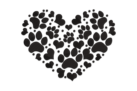Heart shape formed from packed individual paw prints embroidery in black, each paw with round pad and four toe pads in solid satin stitch