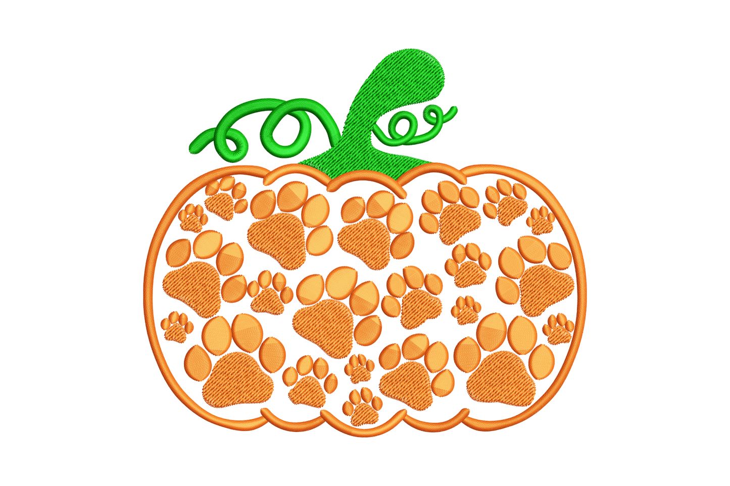 Paw print pumpkin embroidery design with overlapping pet paw prints filling an orange pumpkin body and a dark green curly stem.