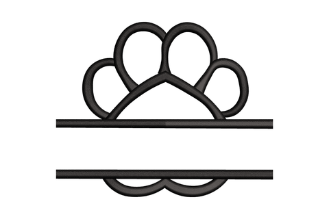 Black paw print split frame embroidery design with horizontal name gap, satin outline on white background for pet monograms
