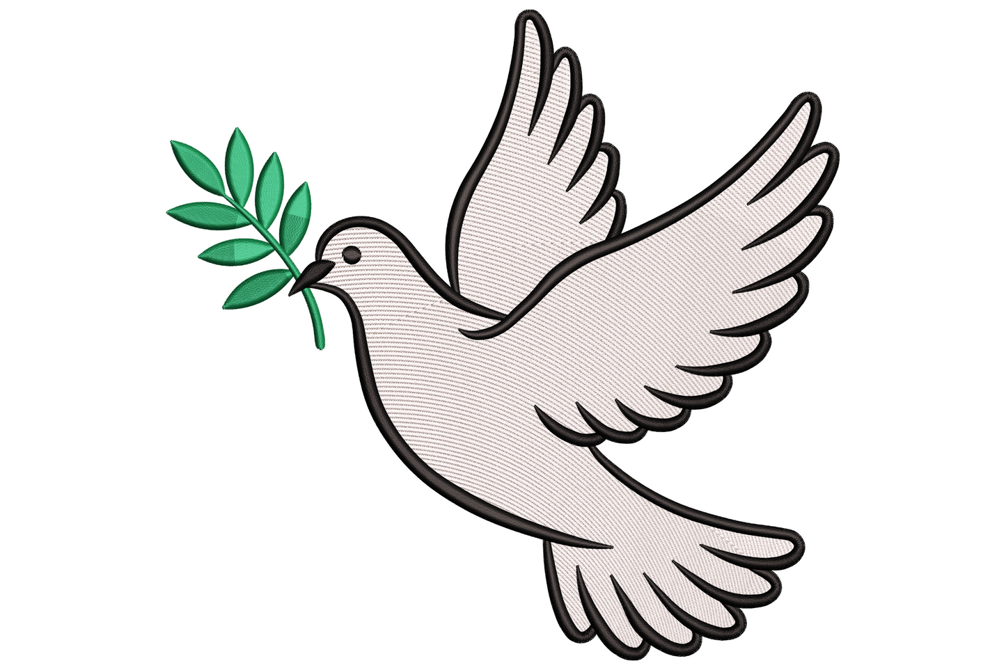 Peace dove in mid-flight embroidery with white satin body outlined in black, carrying a forest green olive branch with 9 leaves.