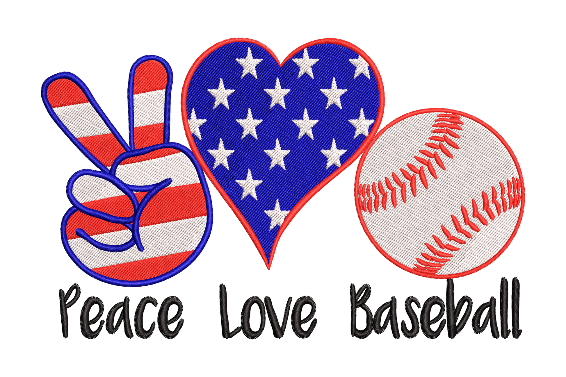 Peace love baseball patriotic embroidery design with peace hand, flag heart, and baseball icons plus script text, machine embroidery instant download